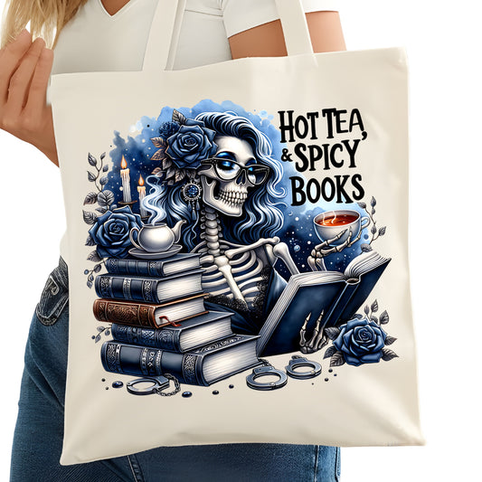 Hot Tea Spicy Books Bookish Tote Bag – Reading Tote for Book Lovers – Book Reader Bag - Romance Reader Tote - Book Store