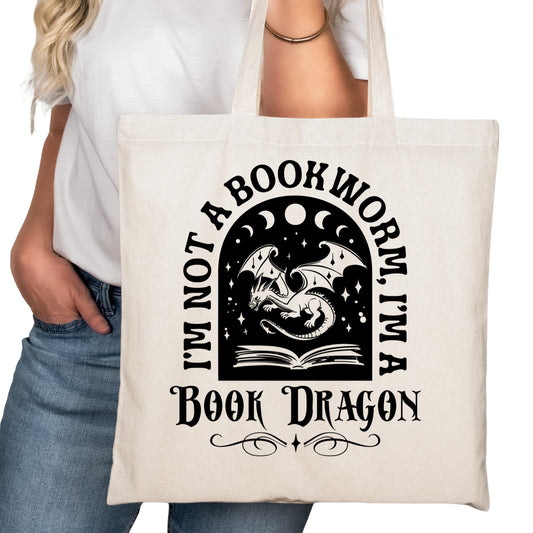 Not a Bookworm I'm a Book Dragon Bookish Tote Bag – Reading Tote for Book Lovers – Book Reader Bag - Romance Reader Tote - Book Store