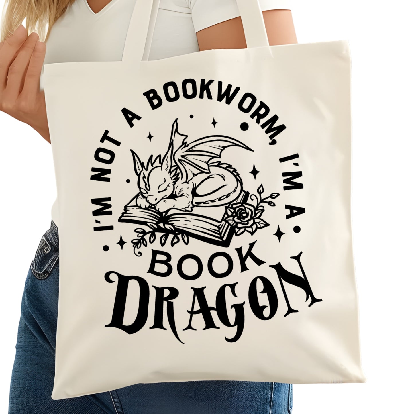 I'm Not a Bookworm I'm a Bok=ok Dragon Bookish Tote Bag – Reading Tote for Book Lovers – Book Reader Bag - Romance Reader Tote - Book Store