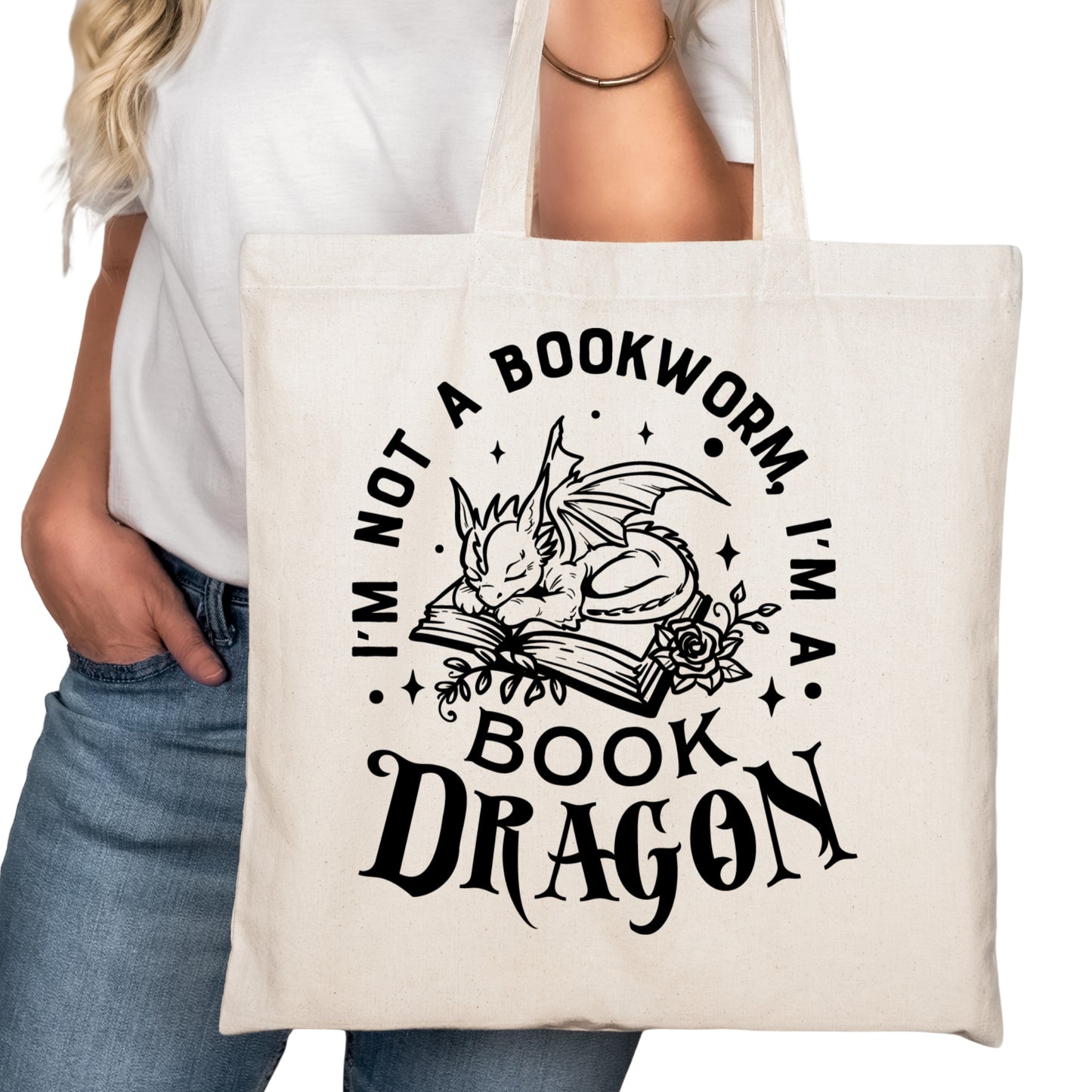 I'm Not a Bookworm I'm a Bok=ok Dragon Bookish Tote Bag – Reading Tote for Book Lovers – Book Reader Bag - Romance Reader Tote - Book Store