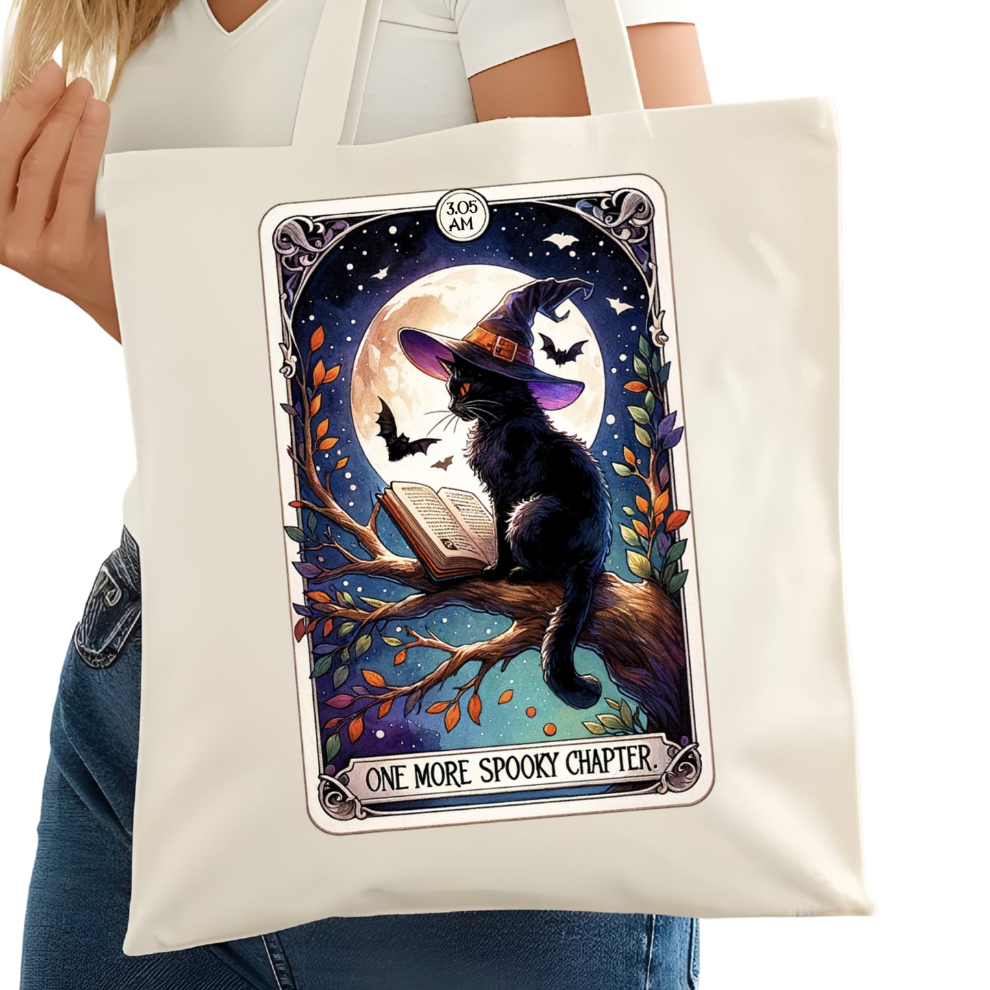 One More Chapter Spooky Cat Bookish Tote Bag – Reading Tote for Book Lovers – Book Reader Bag - Romance Reader Tote - Book Store