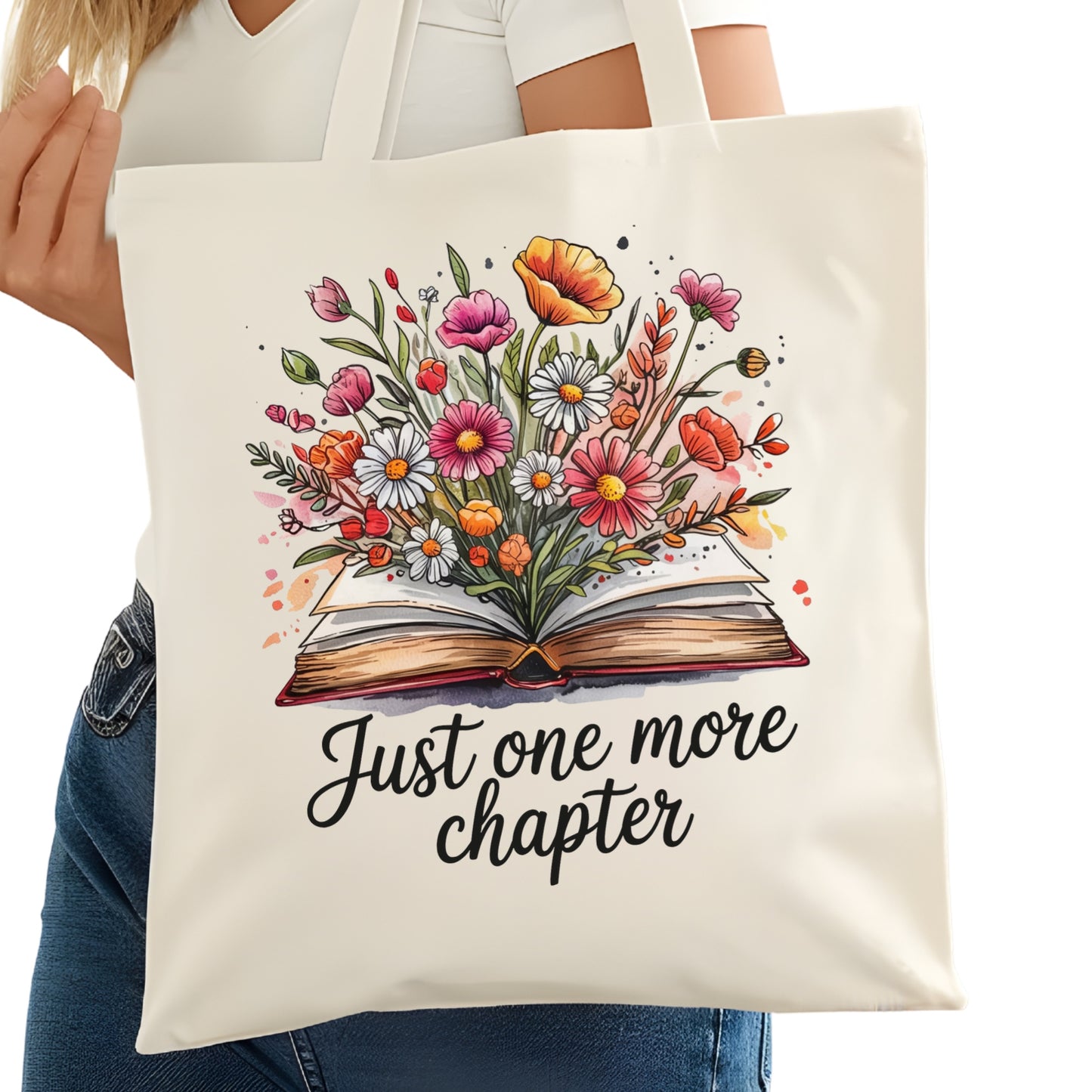 Just One More Chapter Floral CORRECT Bookish Tote Bag – Reading Tote for Book Lovers – Book Reader Bag - Romance Reader Tote - Book Store
