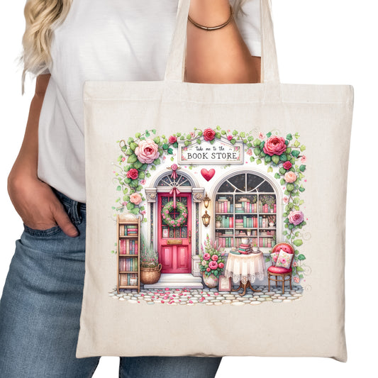 Pretty Pink Bookstore Bookish Tote Bag – Reading Tote for Book Lovers – Book Reader Bag - Romance Reader Tote - Book Store