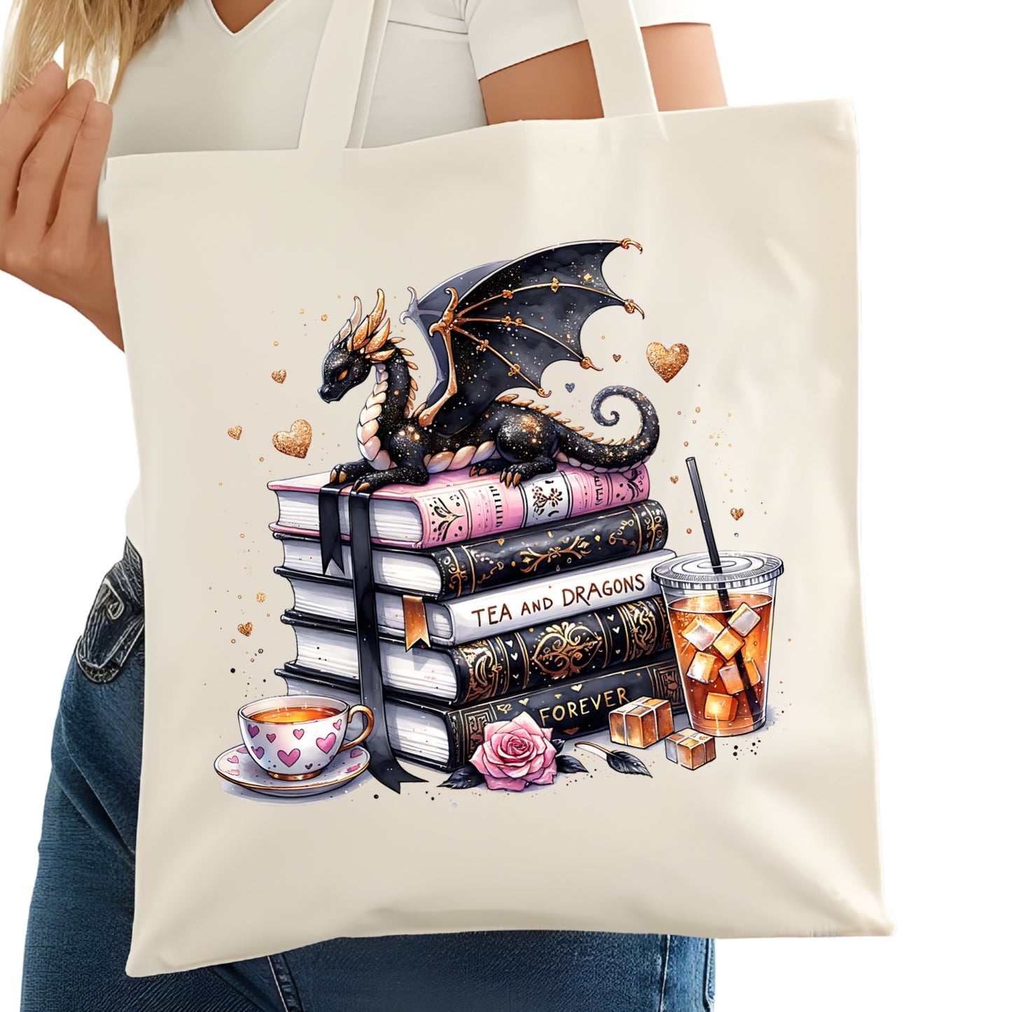 Tea and Dragons Book Stack Bookish Tote Bag – Reading Tote for Book Lovers – Book Reader Bag - Romance Reader Tote - Book Store