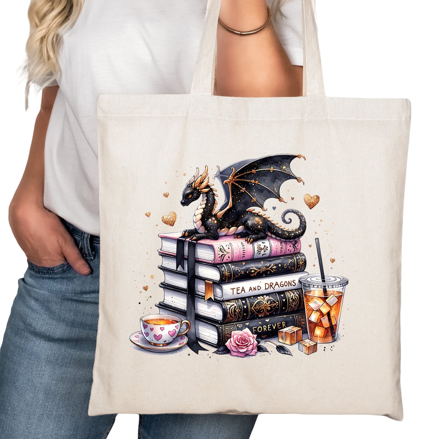 Tea and Dragons Book Stack Bookish Tote Bag – Reading Tote for Book Lovers – Book Reader Bag - Romance Reader Tote - Book Store