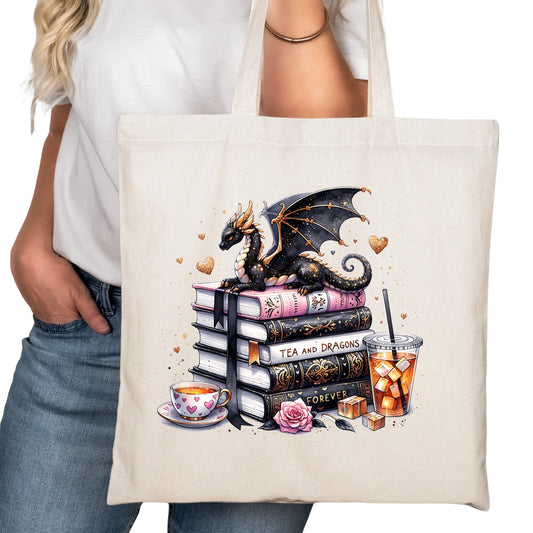 Tea and Dragons Book Stack Bookish Tote Bag – Reading Tote for Book Lovers – Book Reader Bag - Romance Reader Tote - Book Store