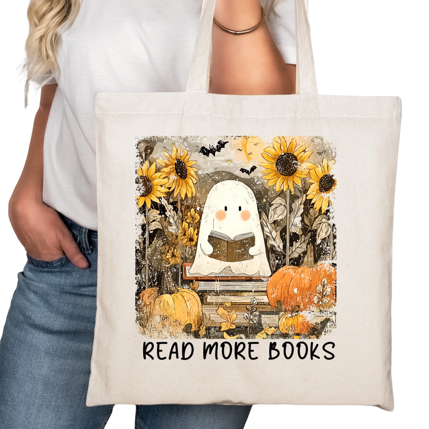 Read More Books Ghost Halloween Fall Bookish Tote Bag – Reading Tote for Book Lovers – Book Reader Bag - Romance Reader Tote - Book Store