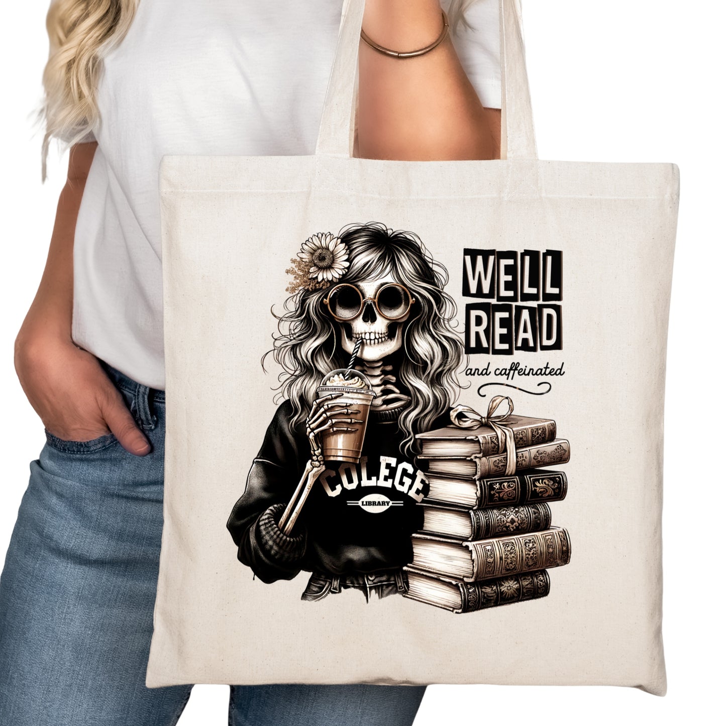 Well Read and Caffeinated Bookish Tote Bag – Reading Tote for Book Lovers – Book Reader Bag - Romance Reader Tote - Book Store