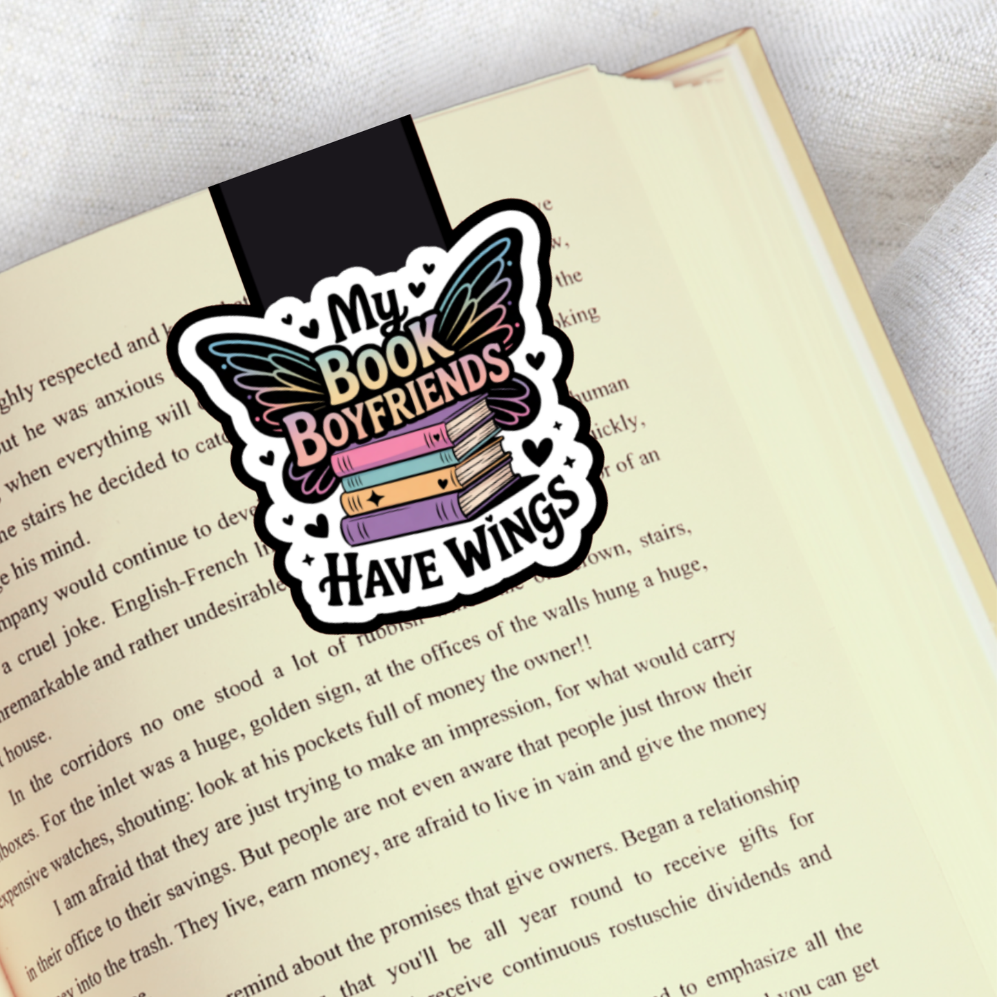 Magnetic Bookmark, My Book Boyfriends Have Wings, Laminated with Holographic Overlay, Waterproof, Bookstore Merch, Romantasy Reader