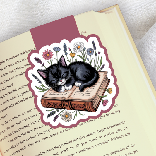 Magnetic Bookmark, Sleepy Cat on Books Laminated with Holographic Overlay, Waterproof, Bookstore Merch, Book Reader