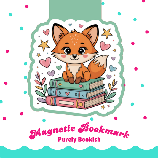 Magnetic Bookmark, Fox on Bookstack Laminated with Holographic Overlay, Waterproof, Bookstore Merch, Book Reader