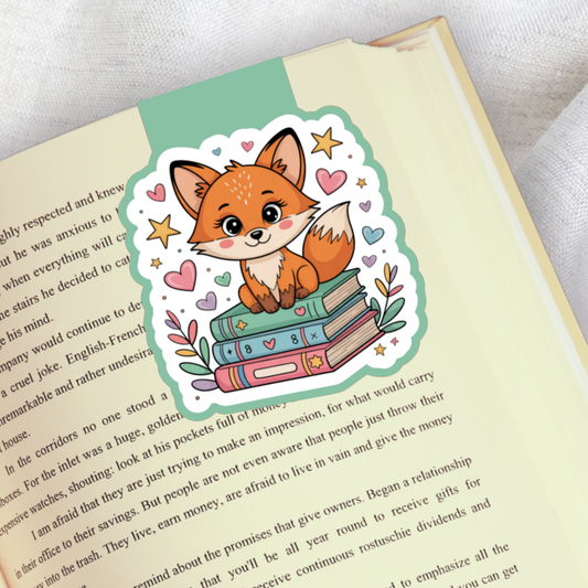 Magnetic Bookmark, Fox on Bookstack Laminated with Holographic Overlay, Waterproof, Bookstore Merch, Book Reader
