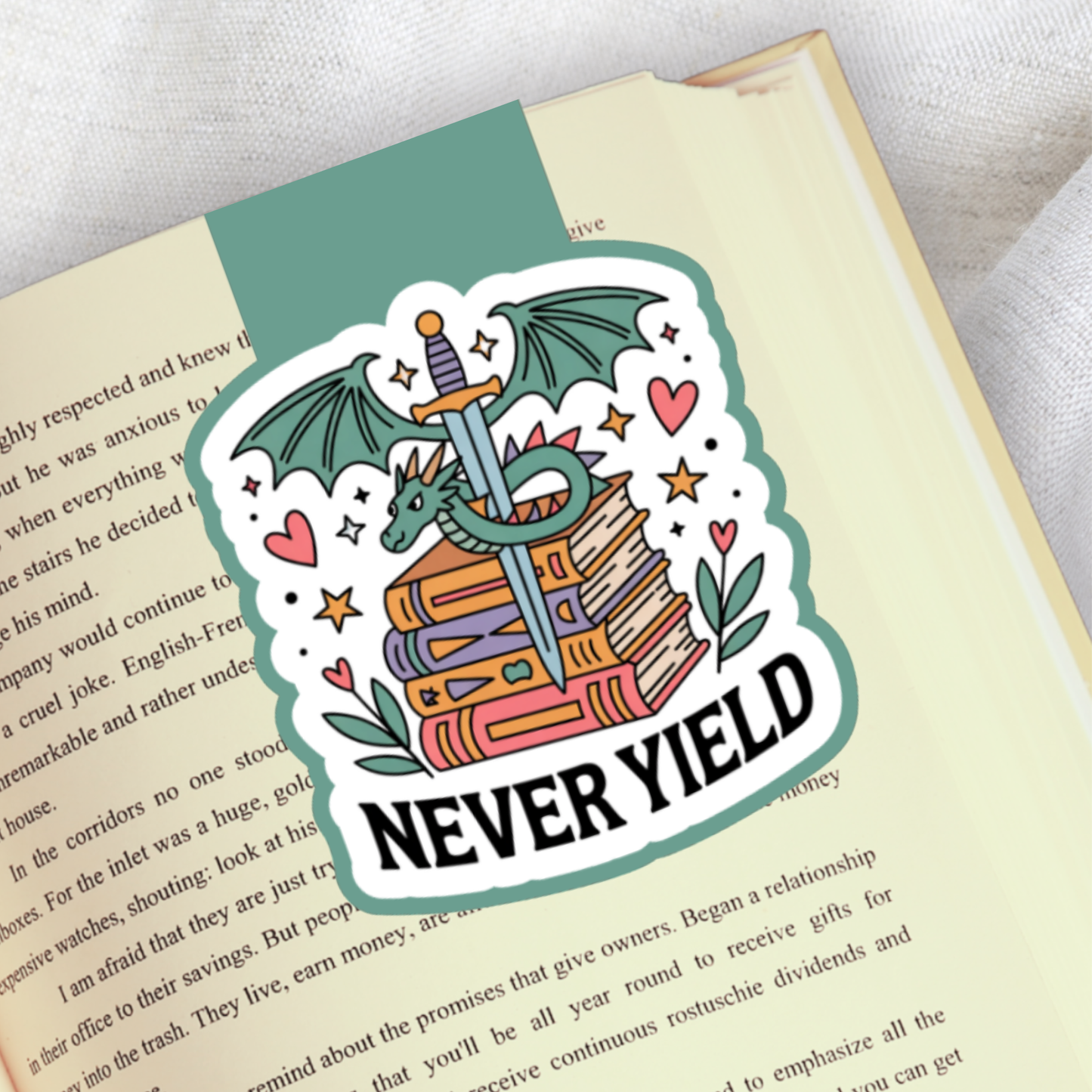 Magnetic Bookmark, Never Yield Dragon Romantasy Laminated with Holographic Overlay, Waterproof, Bookstore Merch, Book Reader