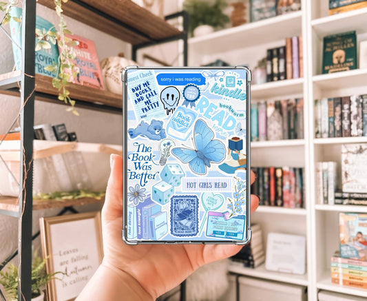 Blue Bookish Collage Kindle Insert with Sparkly Overlay, Clear Case Kindle Paper Insert, Cute Reader Accessory