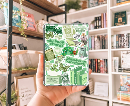 Green Bookish Collage Kindle Insert with Sparkly Overlay, Clear Case Kindle Paper Insert, Cozy Reader Accessory