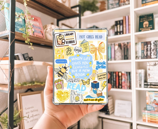 Lemon Bookish Collage Kindle Insert with Sparkly Overlay, Clear Case Kindle Paper, Cozy Reading Decor