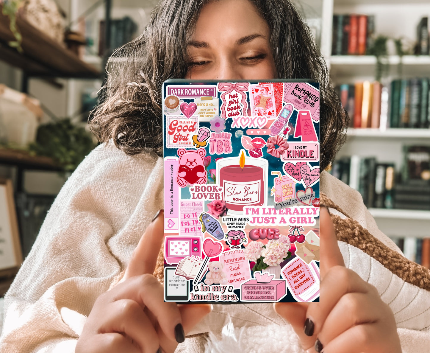 Pink Romance Bookish Collage Kindle Insert with Sparkly Overlay, Clear Case Kindle Paper Insert, Cute Reader Accessory