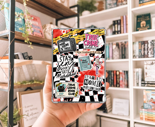 True Crime Addict Kindle Insert with Sparkly Overlay, Bookish Crime Reader Clear Kindle Case Insert