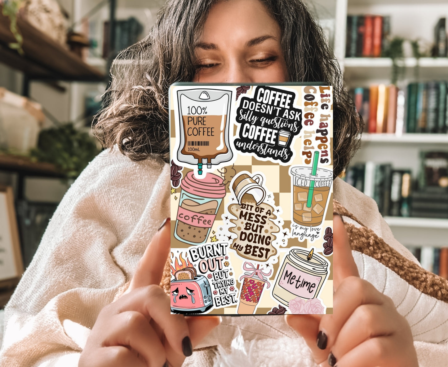 Coffee Lover Kindle Insert with Sparkly Overlay, Cute Coffee Aesthetic Clear Kindle Case Insert