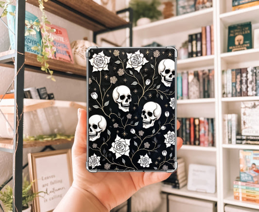 Skull and Roses Kindle Insert with Sparkly Overlay, Gothic Floral Bookish Clear Kindle Case Insert