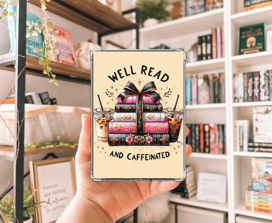 Well Read and Caffeinated Kindle Insert with Sparkly Overlay, Cozy Bookish Coffee Clear Kindle Case Insert