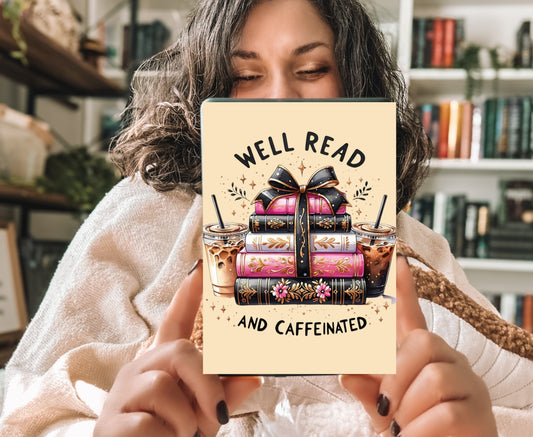 Well Read and Caffeinated Kindle Insert with Sparkly Overlay, Cozy Bookish Coffee Clear Kindle Case Insert