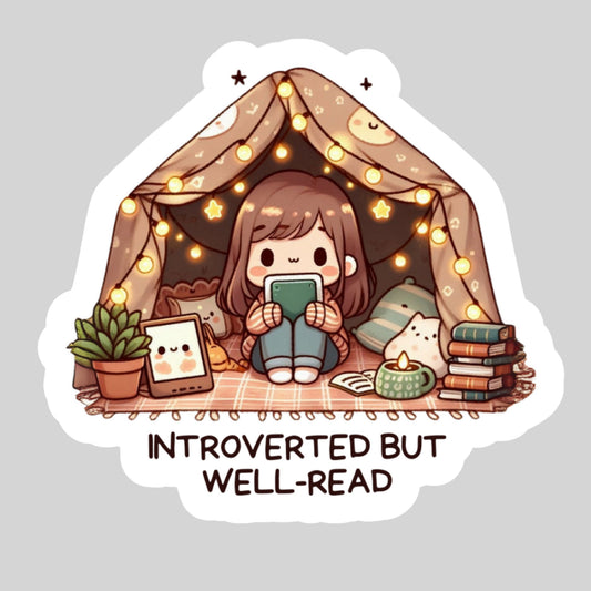 Introverted but Well Read Kawaii Book Reader Sticker – 3" Waterproof Bookish Sticker with Holo Overlay – Reading, Books, Reader Gift