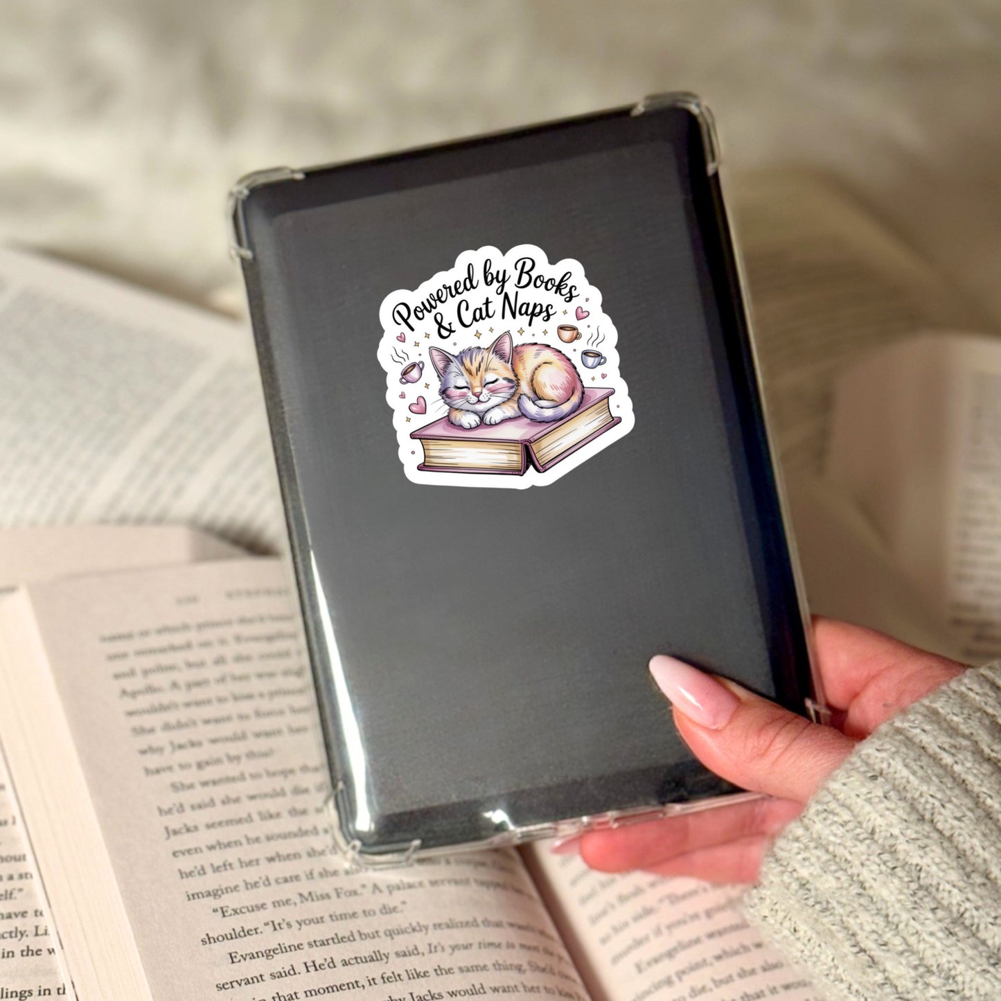 Powered By Books and Cat Naps Book Reader Sticker – 3" Waterproof Bookish Sticker with Holo Overlay – Reading, Books, Reader, Book Lover