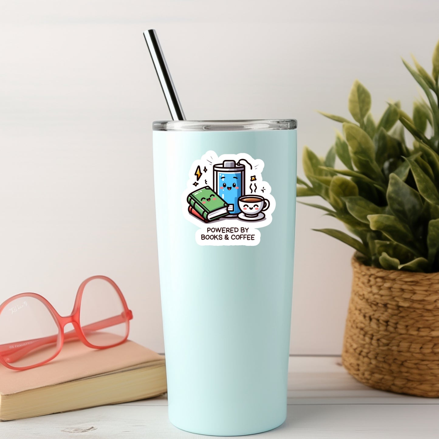 Powered By Books and Coffee Kawaii Book Reader Sticker – 3" Waterproof Bookish Sticker with Holo Overlay – Reading, Books, Reader Gift