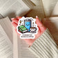 Powered By Books and Coffee Kawaii Book Reader Sticker – 3" Waterproof Bookish Sticker with Holo Overlay – Reading, Books, Reader Gift