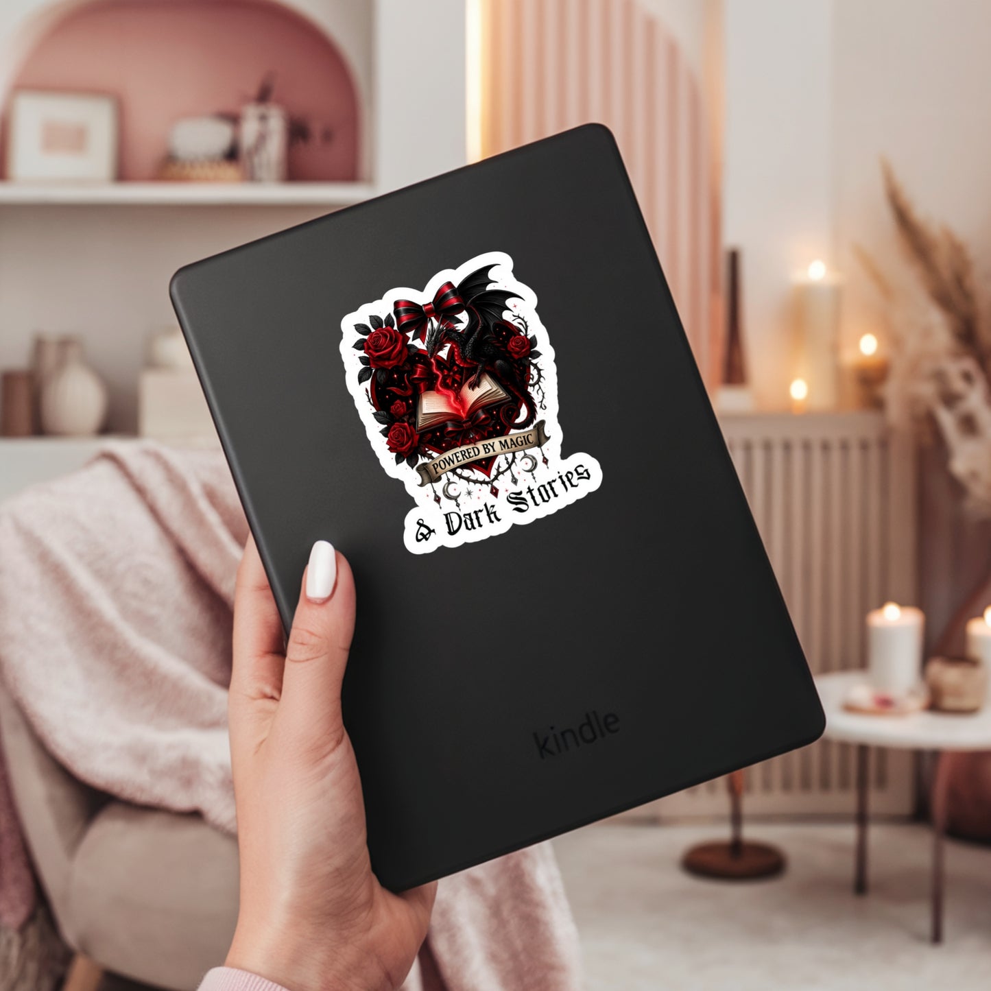 Powered by Magic and Dark Stories Book Reader Sticker – 3" Waterproof Bookish Sticker with Holo Overlay – Reading, Books, Book Lover