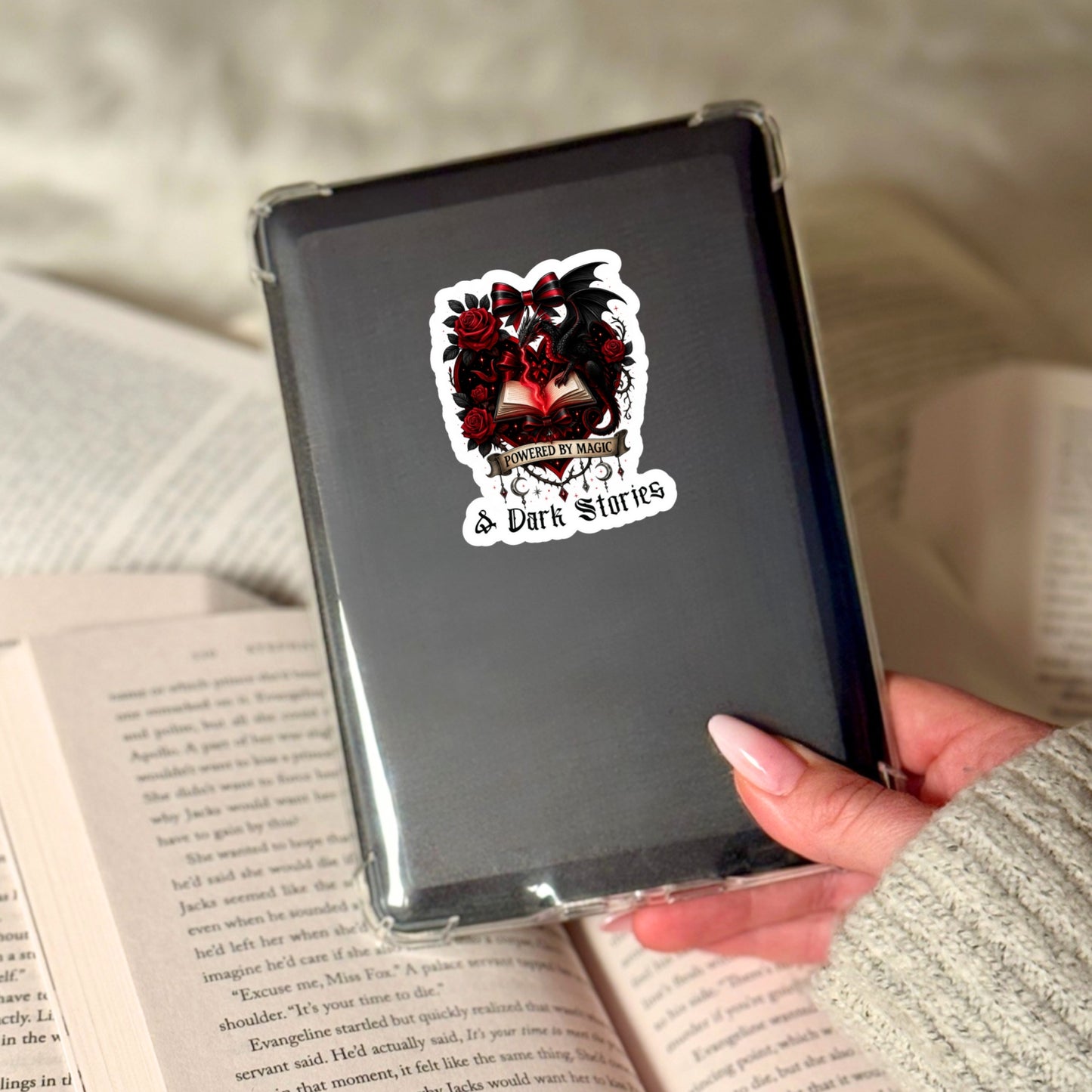 Powered by Magic and Dark Stories Book Reader Sticker – 3" Waterproof Bookish Sticker with Holo Overlay – Reading, Books, Book Lover