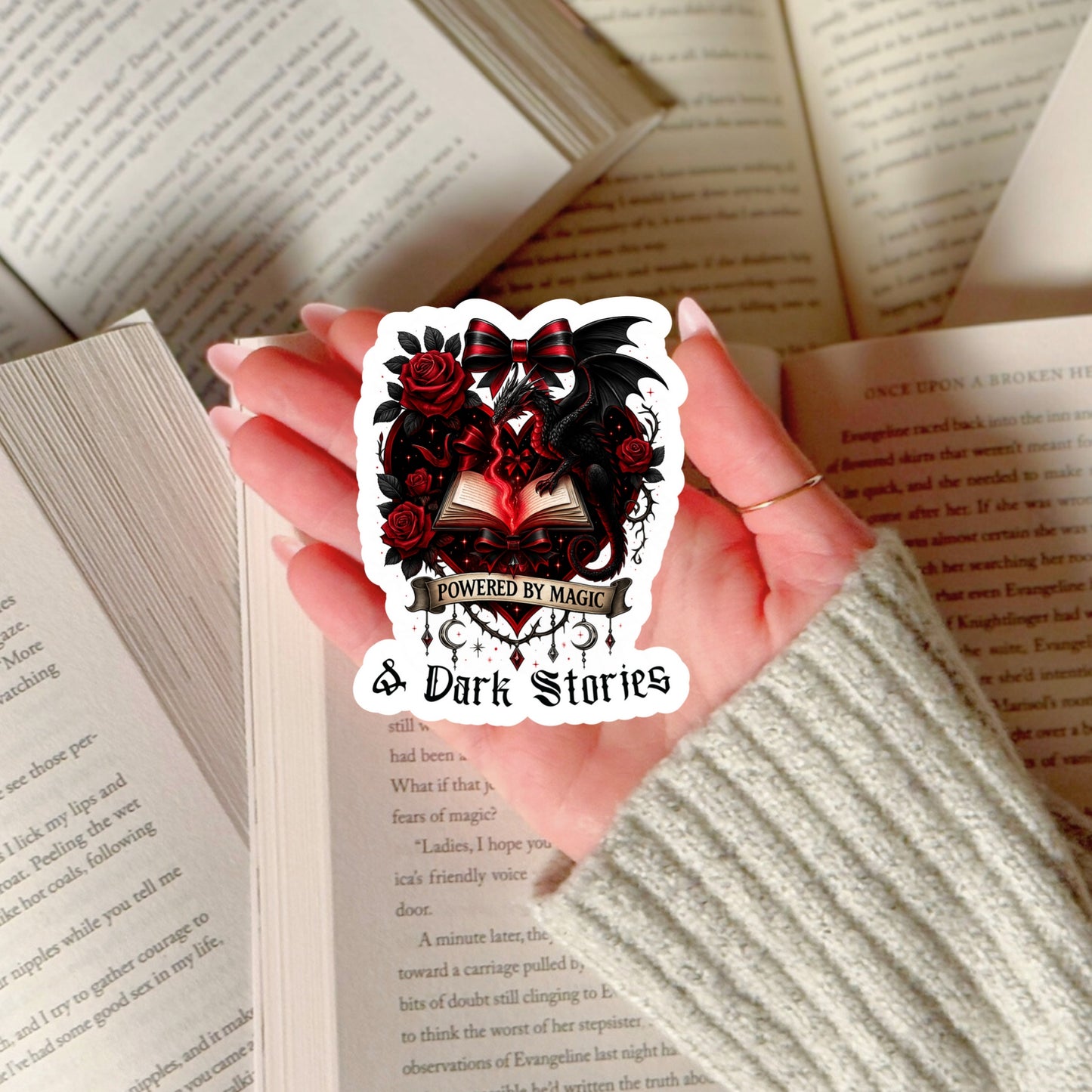 Powered by Magic and Dark Stories Book Reader Sticker – 3" Waterproof Bookish Sticker with Holo Overlay – Reading, Books, Book Lover