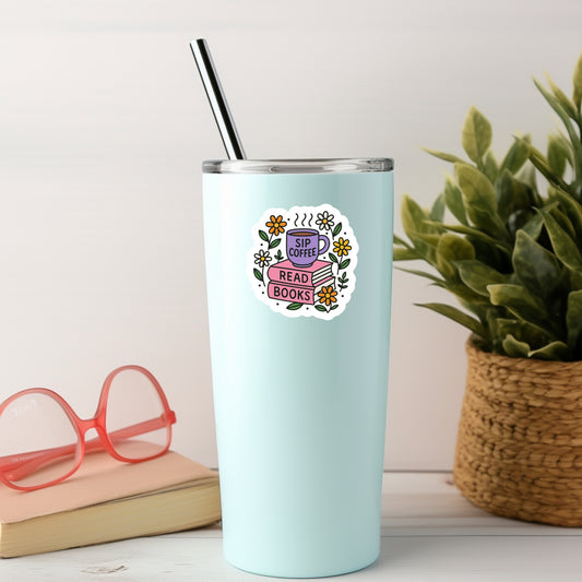 Sip Coffee Read Books Book Reader Sticker – 3" Waterproof Bookish Sticker with Holo Overlay – Reading, Books, Reader Gift, Book Lover