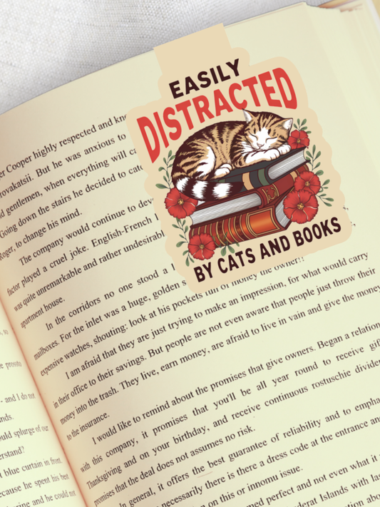 Magnetic Bookmark, Easily Distracted By Books and Cats Laminated with Holographic Overlay, Waterproof, Bookstore Merch, Book Reader