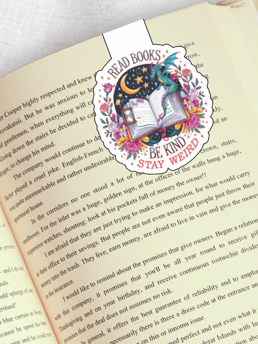 Magnetic Bookmark, Read Books Be Kind Stay Weird Dragon Laminated with Holographic Overlay, Waterproof, Bookstore Merch, Book Reader