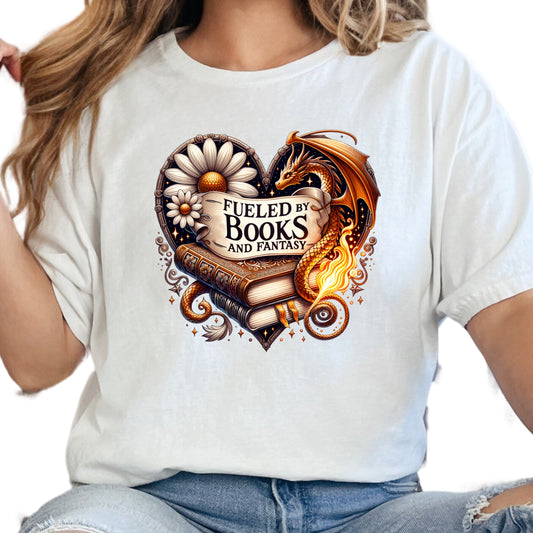 Fueled By Books and Fantasy Book Reader Dragon Shirt, Book Lover Comfy Soft Tee, Reading Lover Top, Bookish Graphic, Gift for Readers