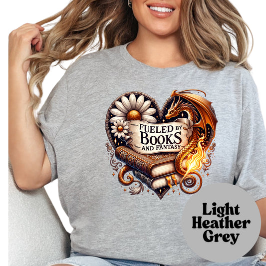 Fueled By Books and Fantasy Book Reader Dragon Shirt, Book Lover Comfy Soft Tee, Reading Lover Top, Bookish Graphic, Gift for Readers