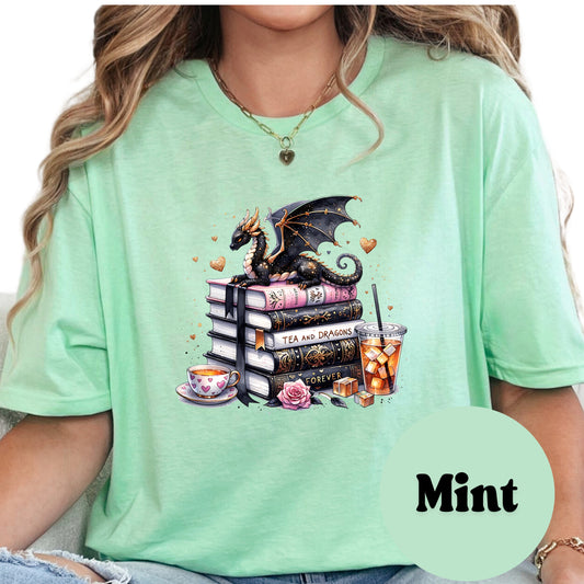 Tea and Dragons Book Reader Shirt, Book Lover Comfy Soft Tee, Reading Lover Top, Bookish Graphic, Gift for Readers